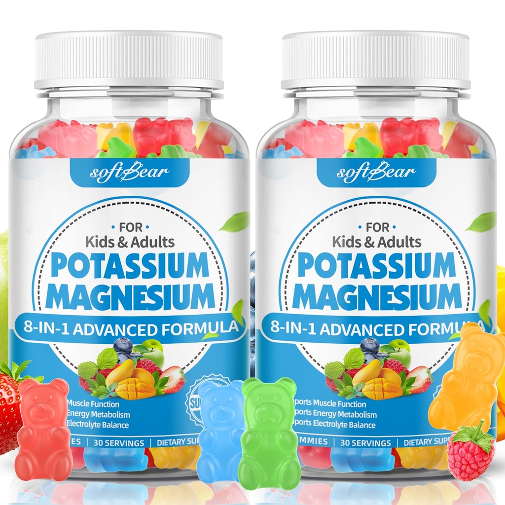softbear Sugar Free Potassium Magnesium Gummies for Adults Kids, High Absorption Potassium Supplement Gummies Supports Leg Cramps & Muscle & Immune Health, Delicious Mixed Fruit Flavor 120 Count