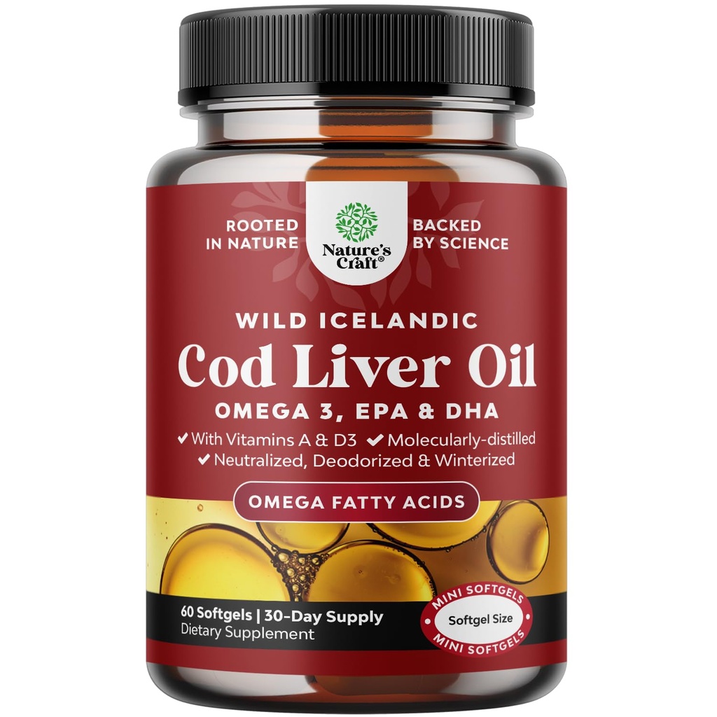 Icelandic Wild Caught Cod Liver Oil Softgels - Fish Omega 3, EPA, DHA, Vitamin D & A, 1000mg Per Serving - Burpless Capsules for Healthy Heart, Healthy Joints, Brain & Immune Support - 60 Count