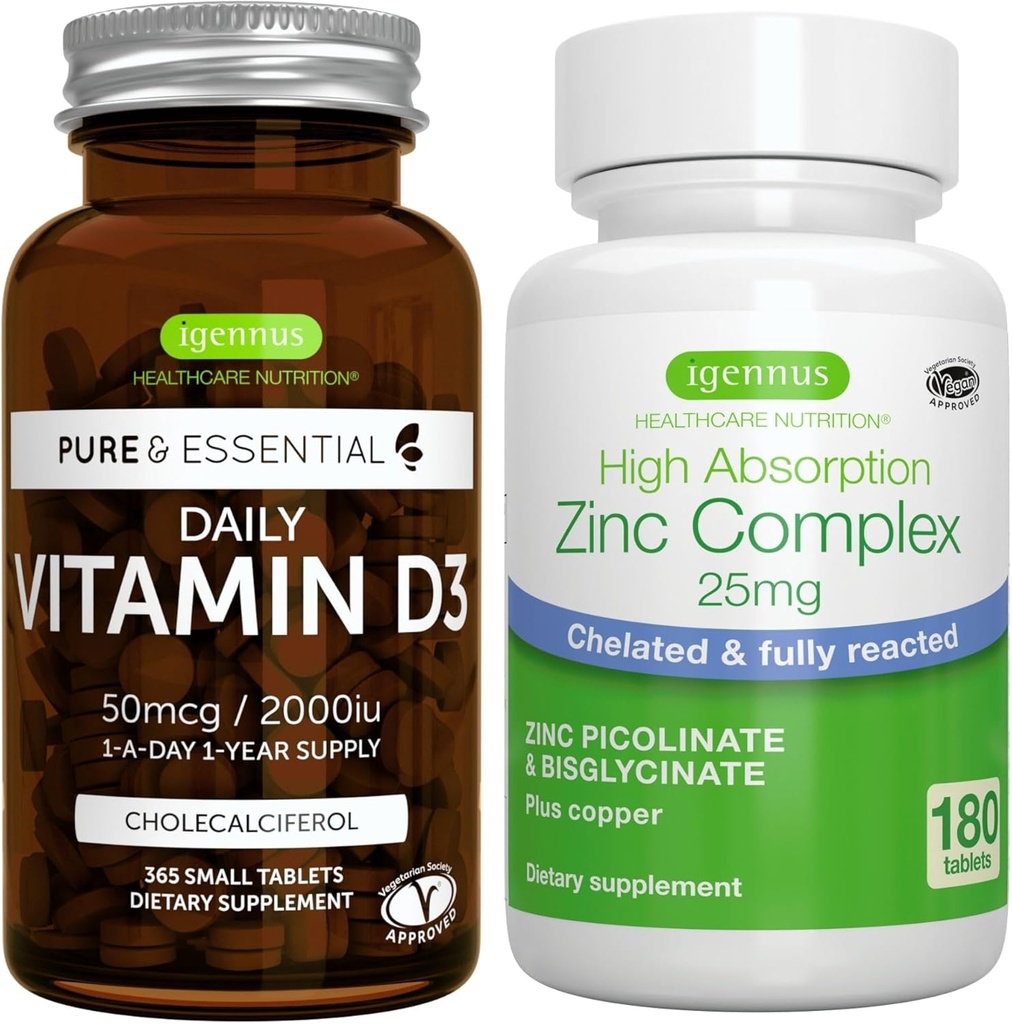 Daily วิตามิน D3 + Zync Complex Groomian Banle, 365 2000iu วิตามิน D3 Tablets + 25mg Cheded Zync Picoline & Bisglycate with Copper, by Igennus