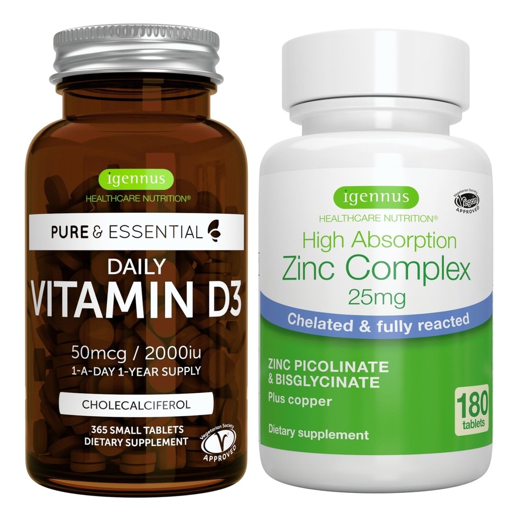 Daily Vitamin D3 + Zinc Complex Vegetarian Bundle, 365 2000iu Vitamin D3 Tablets + 25mg Chelated Zinc Picolinate & Bisglycinate with Copper, by Igennus