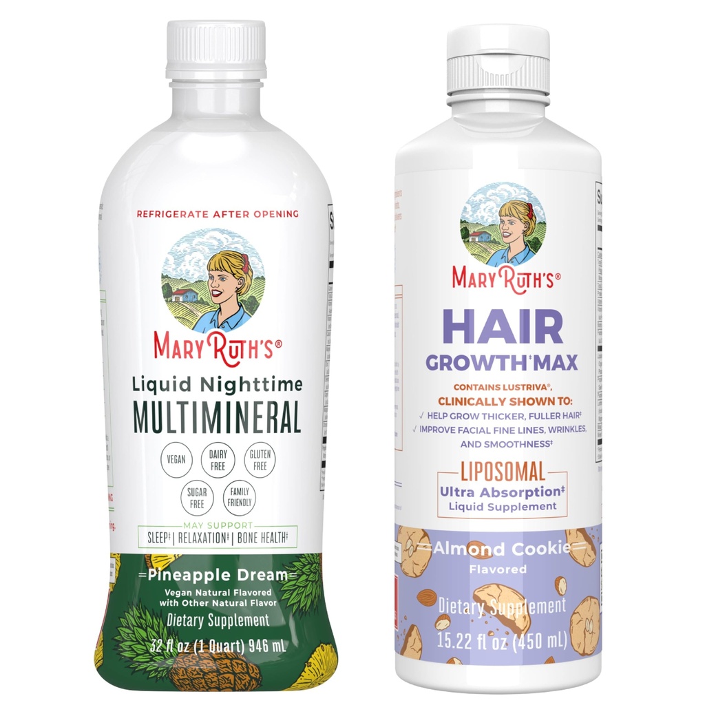 MaryRuth's Liquid Nighttime Multimineral (Pineapple) & Hair Growth Max Liposomal (Almond Cookie) | Clean Label Project Verified® | Sugar-Free, Vegan | Bedtime Routine, Beauty, Hair & Skin Support