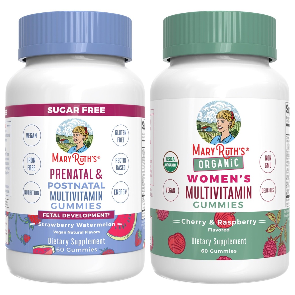 MaryRuth Organics Prenatal Postnatal Multivitamin Gummies (Strawberry) & Women's (Cherry & Raspberry) | USDA Organic | Vitamins for Breastfeeding, Beauty, & Immunity | Vegan, No Gelatin