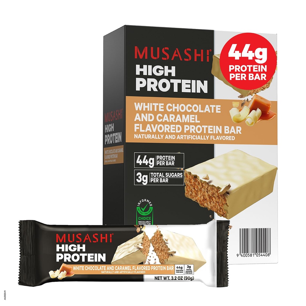 MUSASHI High Protein Bar, 45g Protein, 2g Total Sugars, White Chocolate Caramel, Post Workout and Protein Snack On The Go, 12 Pack of 3.2oz (90g) Bars