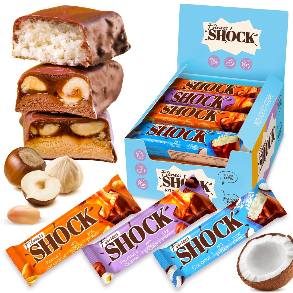 FitnesSHOCK Protein Bars Variety Pack - Gluten Free, No Added Sugar, Low Calorie Low Carb Snack - Peanut Salted Caramel, Hazelnut Caramel, Coconut - 180 Kcal, 0g Added Sugar, 8g Fat, 13g Net Carbs - 12 x 50g