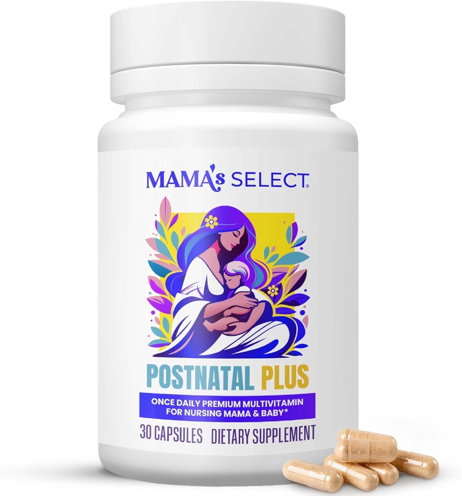 Mama's Select Postnatal Vitaminer – Boosts Hair Recovery, Melkforsyning, & velvære – Allergen-fri, Vegan, MTHFR Vennlig, Metylert Folat & B vitaminer, Easy-to-Swallow, Ingen Biotin - 30 Kapsler