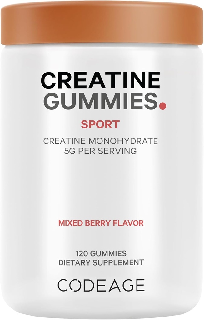 Codeage Creatine Monohydrate Gummies Suplemento - 5000mg Creatine - AstraGin Panax &amp; Astralagus - Sport Gummy - Mixed Berry Flavor - Kettlebell Shape Vitaminas - Vegan - Non-GMO - 120 Gummies
