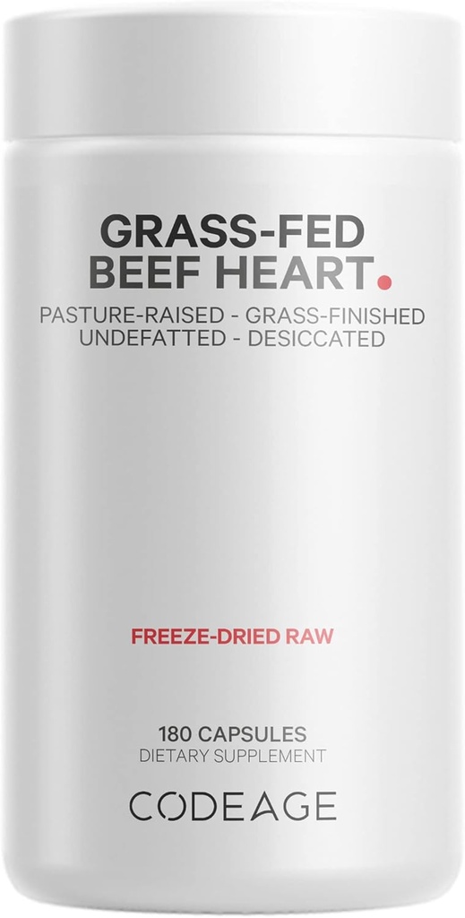 Codeage Grass Fed Beef Heart Supplement - zamrzovanje posušene, neodmaščene, izsušene Glandularna dopolnila - Goveje meso in tablete za jetra - Goveje vitamine za srce - ne-GMO -180 Kapsule