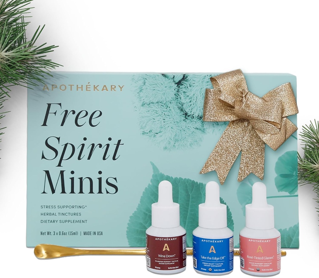 Apothékary Free Spirit Minis Set 124; Nová edice, Bylinné tekuté kapky, Obsahuje víno dolů, Rosé- Tinted brýle, Take The Edge Off & 1 Gold Spoon, Cukr zdarma, 3 láhve, 15 Servings per Bottle