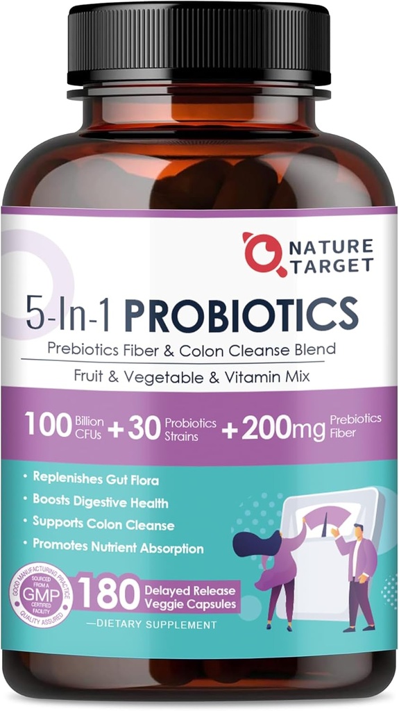 NATURE TARGET Probiotics for Women-Men Digestive Health, Mens-Womens Probiotic with Prebiotics, 100 Billion CFUs for Gut and Immune Health, 180 Veggie Capsules (90 Tage Versorgung)