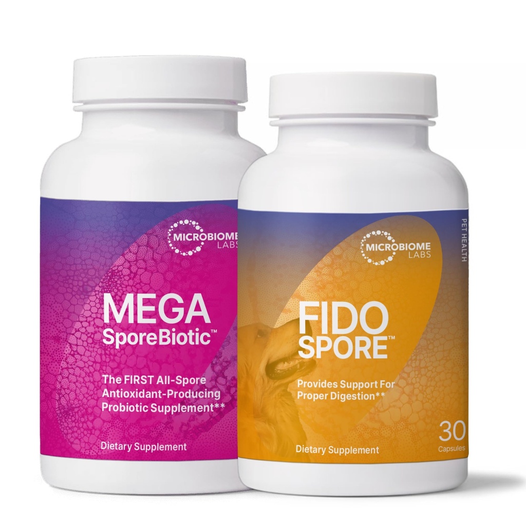 Microbiome Labs Pet & Human Probiotic Bundle - MegaSporeBiotic + FidoSpore Spore Based Probiotics for Human Adults & Their Dogs (and Cats)