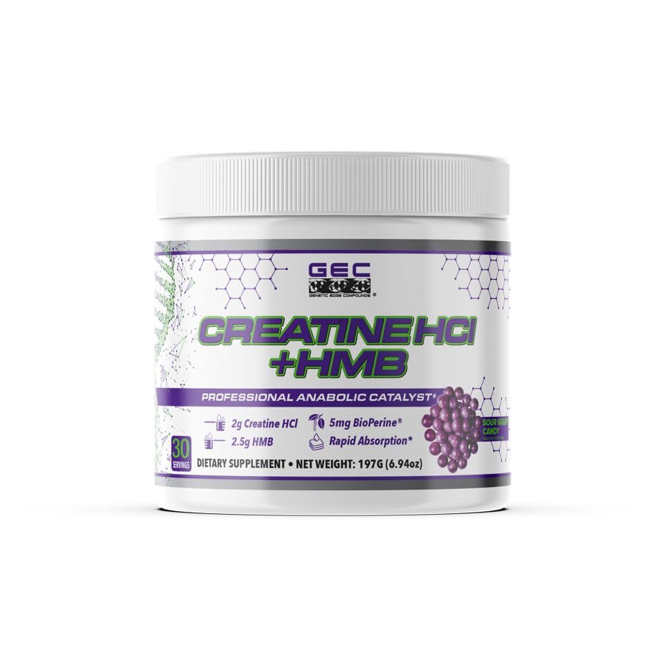 Creatine HCl + HMB for Athletes – Performance & Recovery Formula – 2g Creatine HCl, 2.5g HMB – Fast Absorption, No Bloat, No Loading – 30 Servings – GEC (Standard, Sour Grape Candy)