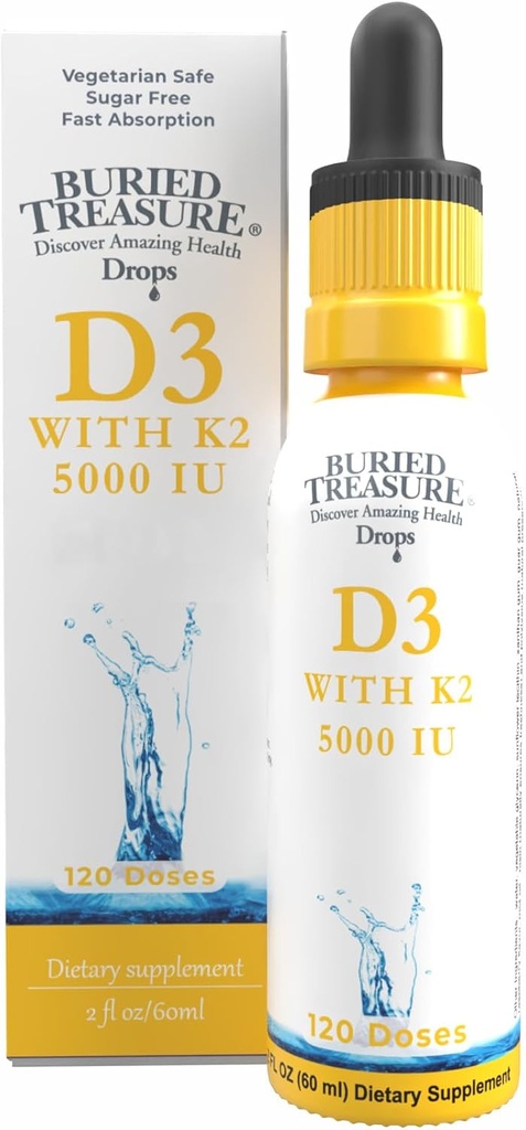Бурідний скарб Вітамін D3 & K2 краплі - 5000 IU D3 з 100 mcg K2 для Bone, Серце & Імунна підтримка, цукор безкоштовно, 2 fl oz