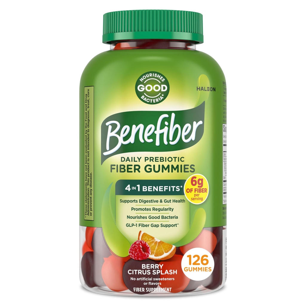 Benefiber Prebiotic Fiber Supplement Gummies for Digestive Health, Citrus Berry Splash Flavor - 126 Count