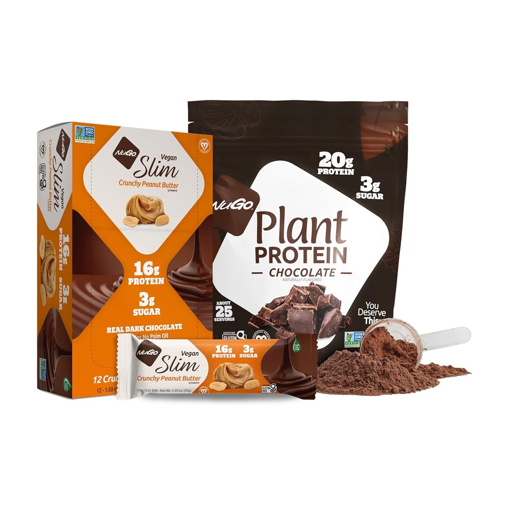 NuGo Slim Dark Chocolate Crunchy Peanut Butter, 17g Vegan Protein, 3g Sugar, 12 Count dan NuGo Plant Protein Powder, 20g Protein, 3g Sugar, 25 Servings