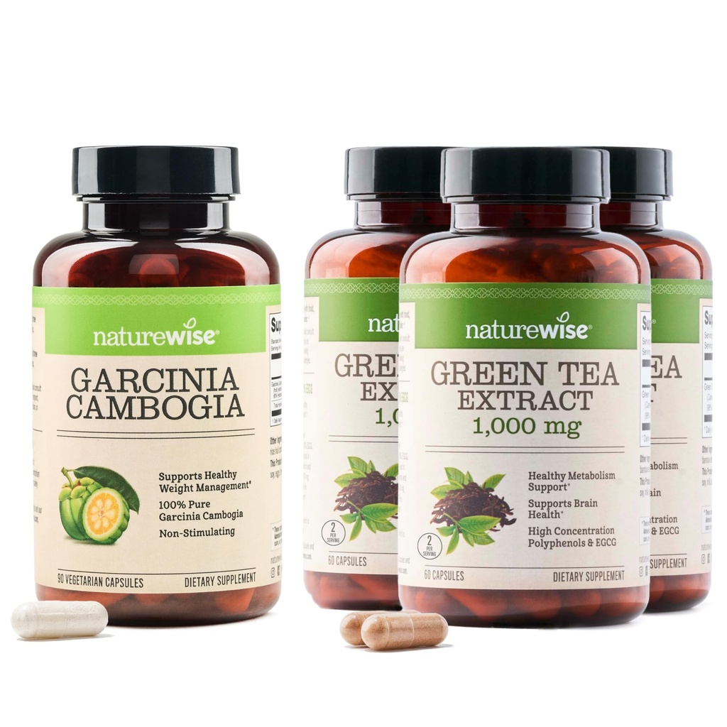 NatureWise [1] Garcinia Cambogia - 60% HCA - Vegan, Non-GMO - 90 Capsules[1-3 Month Supply] + (Pack of 3) Green Tea Extract 1000 mg - Vegan, Non-GMO - 60 Capsules[30-Day Supply]