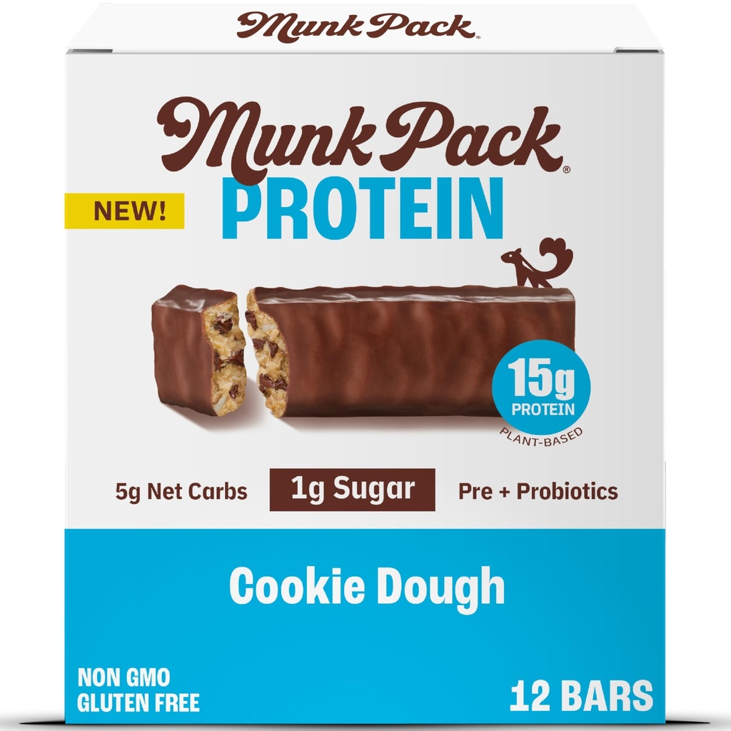 Munk Pack Keto Protein Bars, Cookie Dough - 15g Protein Snacks with Low Sugar, Healthy Pre & Probiotics, 4g Net Carbs - Gluten Free & Diabetic Friendly - 12 Count