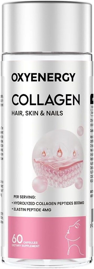 OxyEnergy Collagen Peptides Capsules для жінок, 800mg Гідролізований колаген (Тип I) добавки з еластинними пептидами, 60 Collagen таблетки для просування волосся, нігтів, шкіри, Colágeno en Capsulas