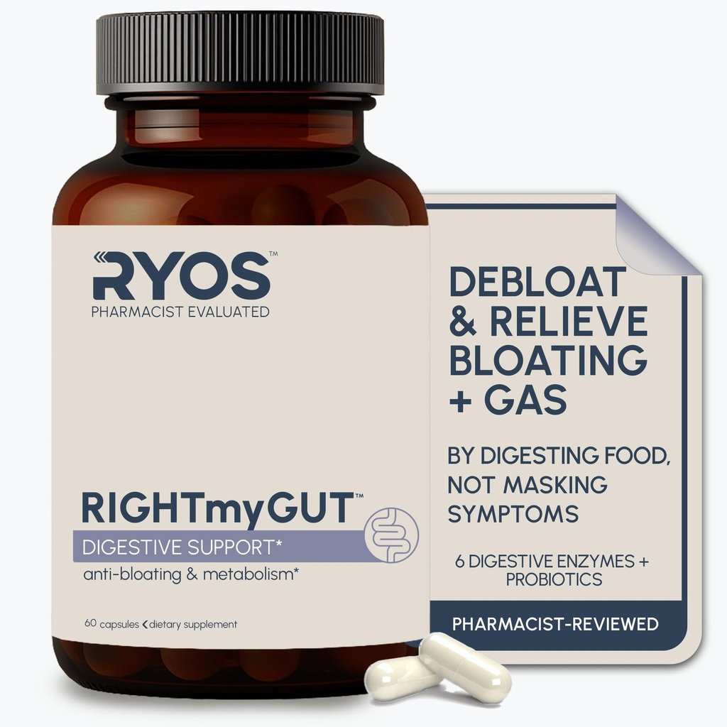 Digestive Enzymes for Bloating & Gas Relief – Debloat Pills for Women & Men – 6 Enzymes + 3 Probiotics – Gut Health & Digestion Supplement – RIGHTmyGUT Daily Digestive Support – 60 Vegan Capsules