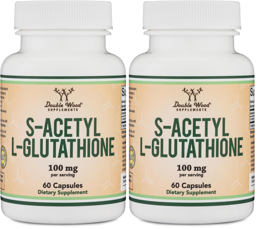 S-Acetyl L-Glutathione Capsules - 100mg, 60 Count (Acetylated Glutathione Antioxidant - More Absorbable Than Glutathione and Liposomal Glutathione, Non-GMO and Gluten Free) by Double Wood (Pack of 2)