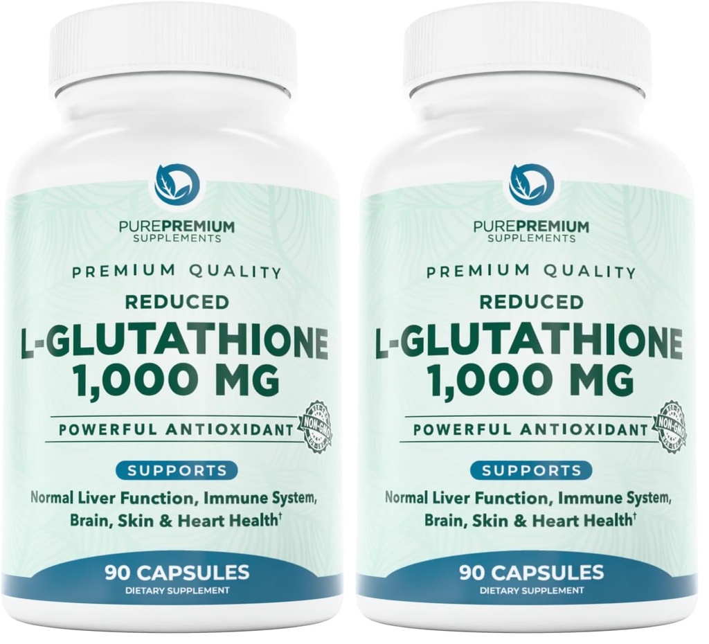 PurePremium Reduced Glutathione 1000mg Per Serving - 500mg Per Capsule – L-Glutathione Supplement & Antioxidant Support for Normal Liver, Brain, Skin & Heart Health – 90 Capsules (Pack of 2)