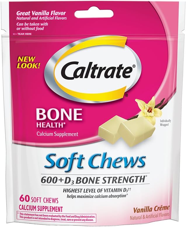 Caltrate 600+D3, Calcium en Vitamine D3 Supplement Zachte Kauwen, 600mg (Vanilla Crème smaak, 60 Tel)