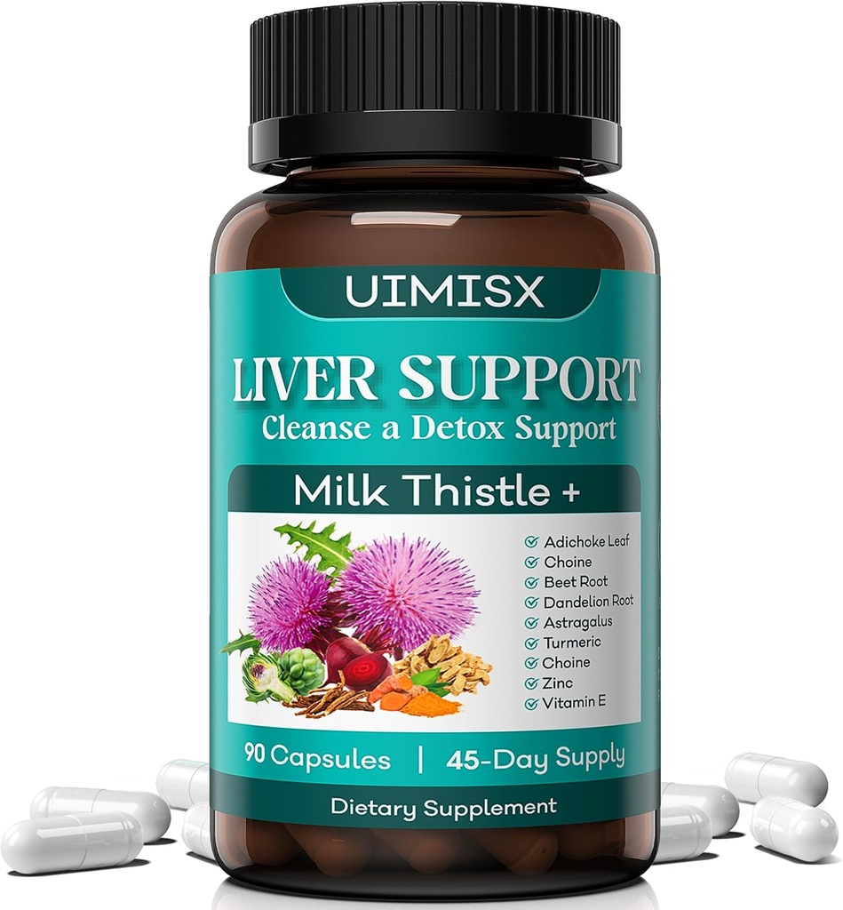 Milk Thistle Supplement - Jetrna detox čiščenje Formula Zeliščna jetrna podpora z mlekom Thistle, Dandelion Root, Artichoke, Kurkuma, Astragalus za zdravje jeter, 90 kapsul