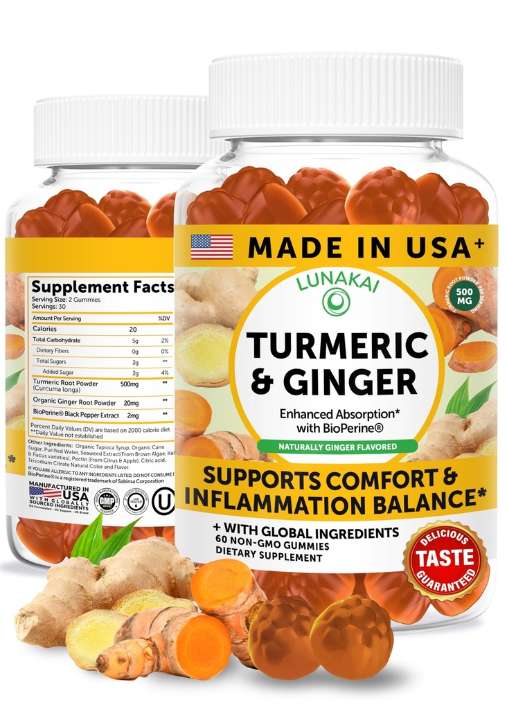 Lunakai USA Made Turmeric and Ginger Supplement Gummies 500mg with Black Pepper – High Absorption Curcumin Turmeric Gummies for Joint Comfort, Daily Immune Support, Non-GMO, 60ct