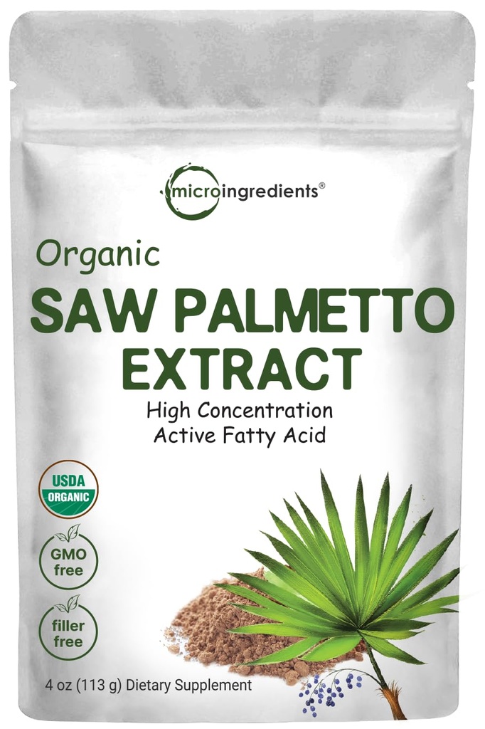 Sustainably US Grown, Organic Saw Palmetto Powder, 4 Ounce, with Active Fatty Acid, Pure Saw Palmetto Prostate & Hair Growth Supplement, Healthy Urination Frequency & Hair Loss Blocker Supplement