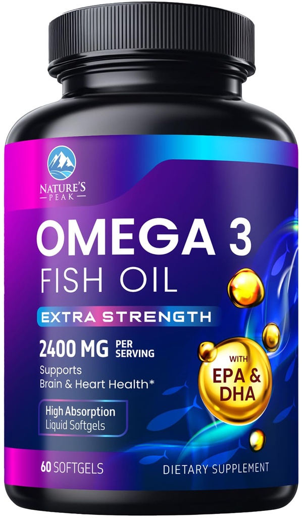 Omega 3 Fish Oil Supplements - 2400mg Fish Oil Per Serving - Triple Strength Omega-3 with Fatty Acids EPA & DHA - Natural Heart, Brain & Immune Support - Wild Caught, Bottled in USA - 60 Softgels