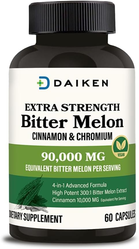 DAIKEN Bitter Melon, Cinnamon & Chromium, 90,000 mg Equivalent Per Serving Extra Strength, 100% cápsulas de Melon Bitter Vegetariano con Cinna Chromium & Zinc, 60 cápsulas