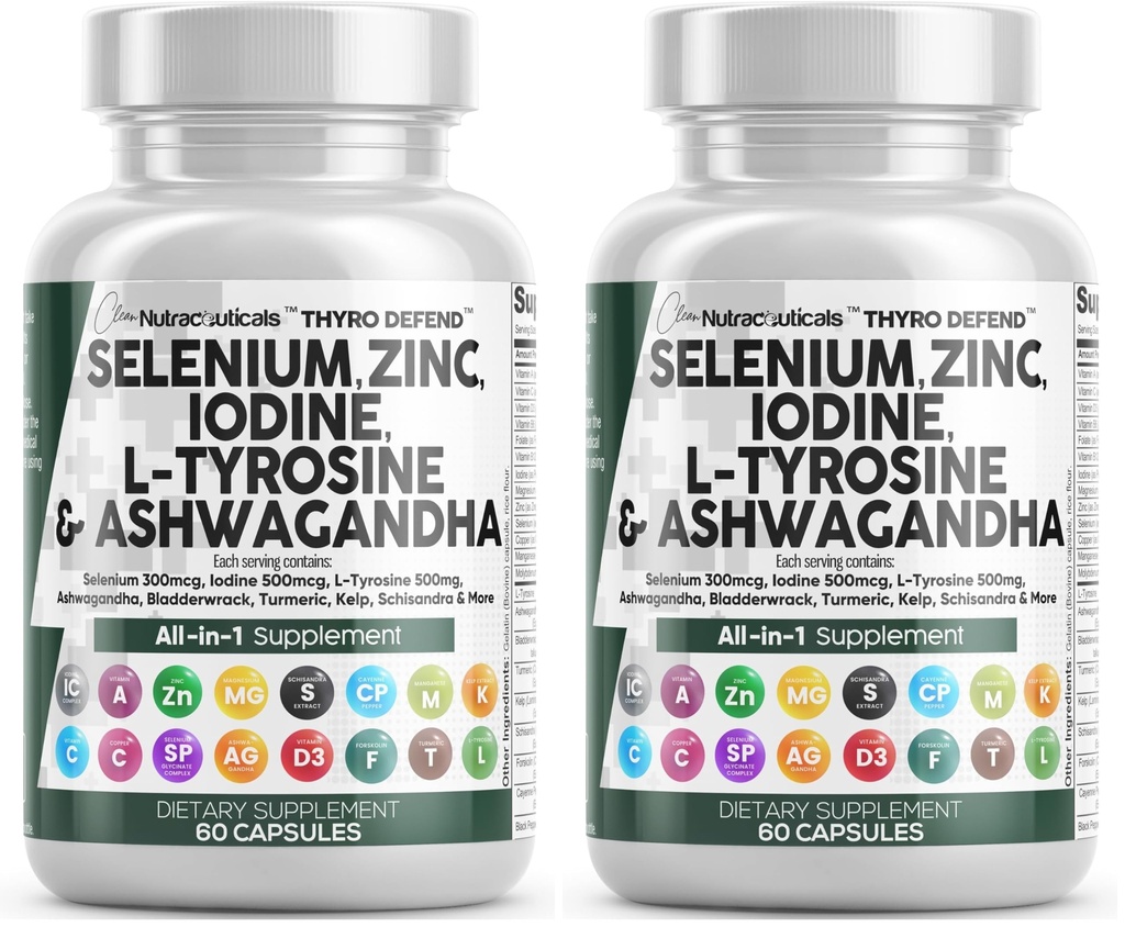 Clean Nutra Selenium 300mcg Iodine 500mcg Thyroid Support for Women & Men | L Tyrosine 500mg Ashwagandha Supplement Bladderwrack, Turmeric, Kelp, Schisandra Zinc Pills Capsule Supplements (Pack of 2)