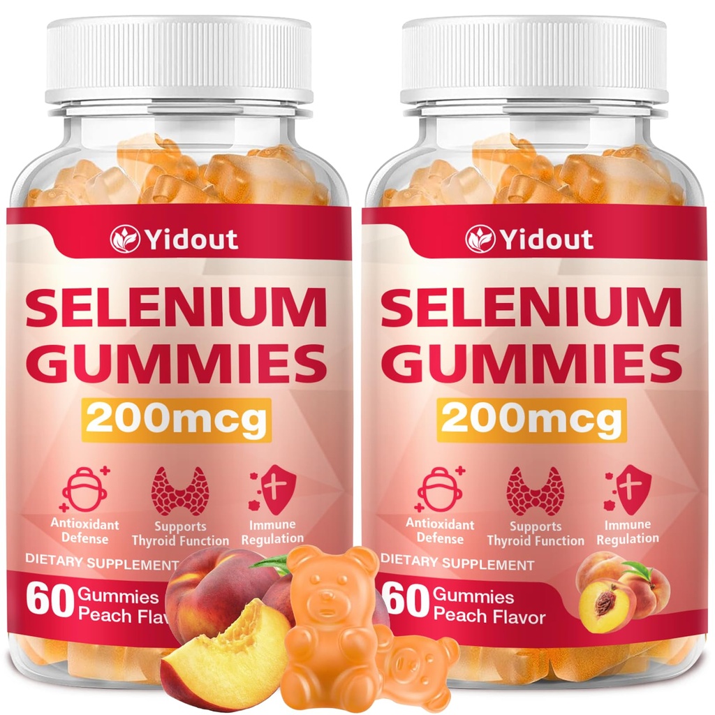 Selenium Supplement for Thyroid Support Gummies 200mcg as Energy Booster for Women and Men, Peach Flavor (60 Count（Pack of 2)