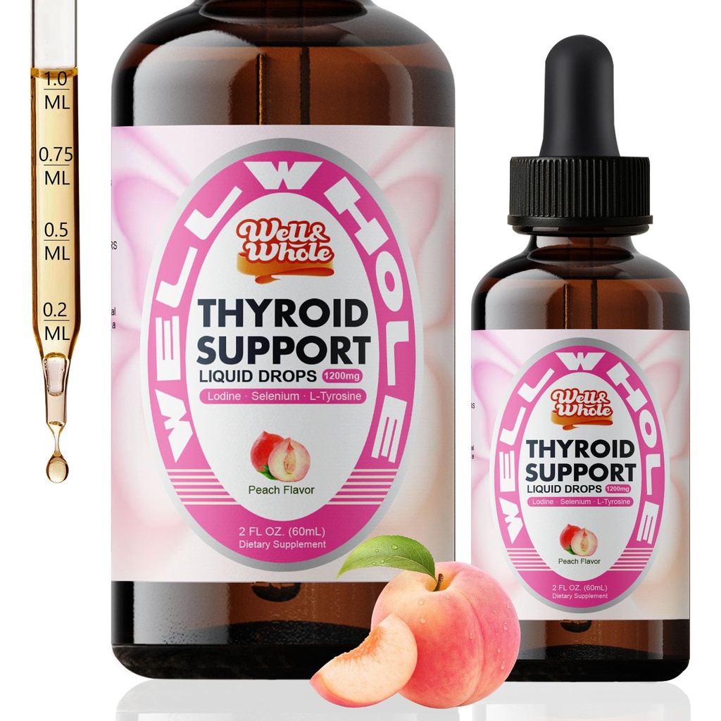 Well&Whole Thyroid Drops for Women – Iodine 150mcg with Selenium & Zinc – Liquid Metabolism & Energy Wellness Formula – Herbal Thyroid Nutrient Complex, Peach Flavor