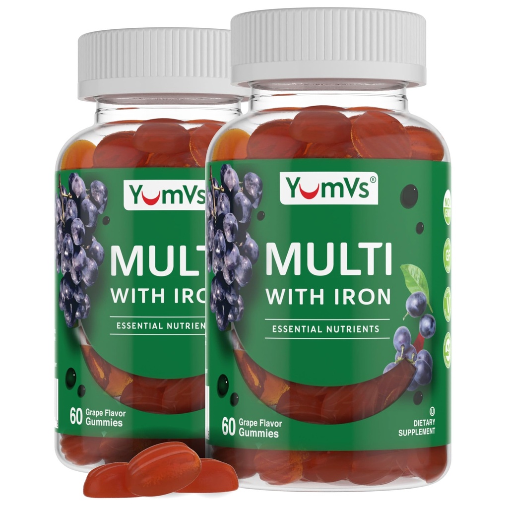 YUM-V'S Iron Gummies - Multivitamin Iron Supplement with Vitamin C, A, B & Zinc, Supports Blood Oxygen, Vegan Supplements for Women, Men & Kids for Growth and Development - Grape Flavor | 2-Pack