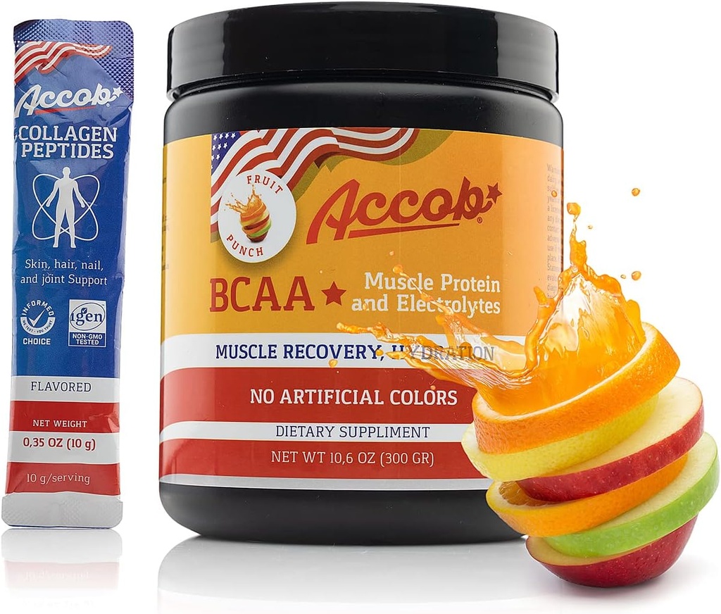 BCAA Powder Fruit Punch- Pre nebo Post cvičení, Muscle Recovery Drink s aminokyselinami + Electrolytes, 7,2g BCCA pro muže a ženy - 30 Servings + 10g kolagen Peptides