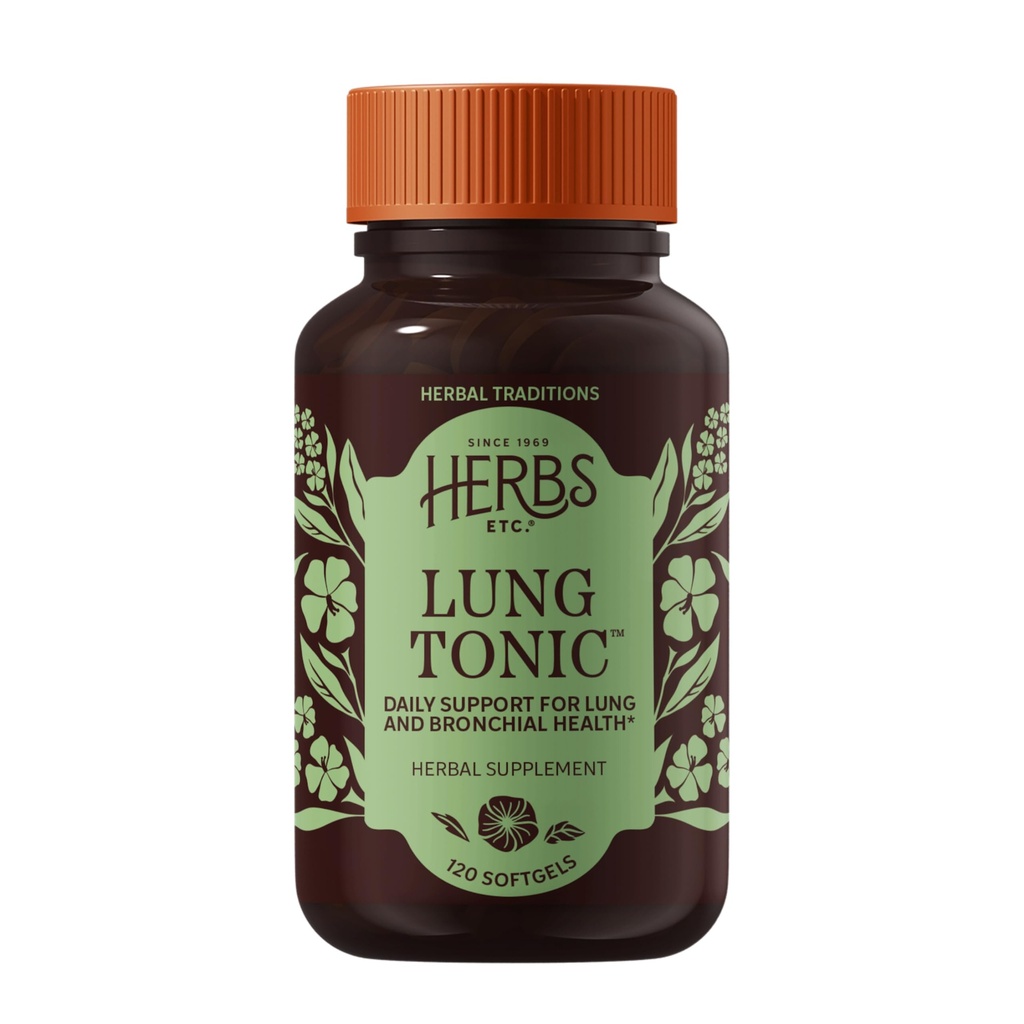 Herbs Etc. Lung Tonic Softgels - Herbal Supplement for Clear Breathing & Overall Respiratory Health - Mullein Leaf, Horehound Herb & Grindelia Flower - 120 Count (120 Servings)