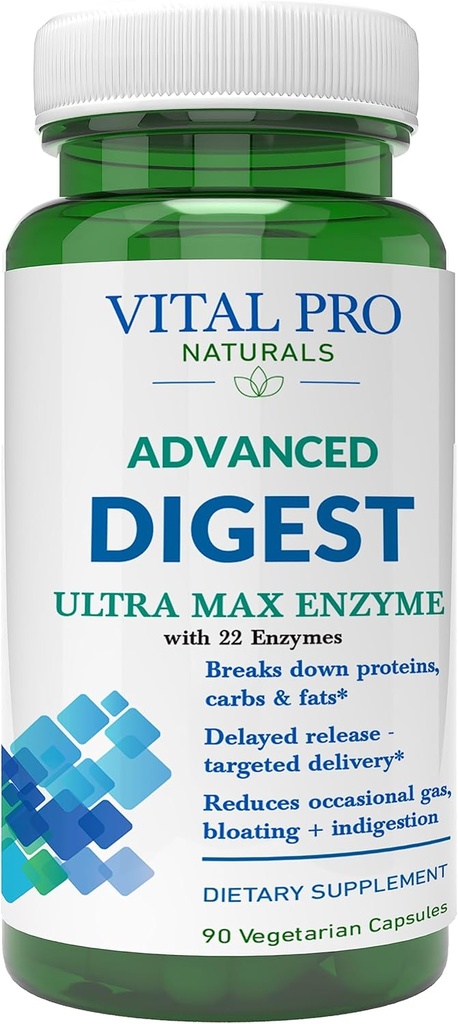 Vital Pro Naturals – Advanced Digest Natural Digestive Enzyme Supports The Breakdown of Proteins, Fats, and Carbohydrates and Reduces Occasional Gas, Bloating and Indigestion 90 Capsules