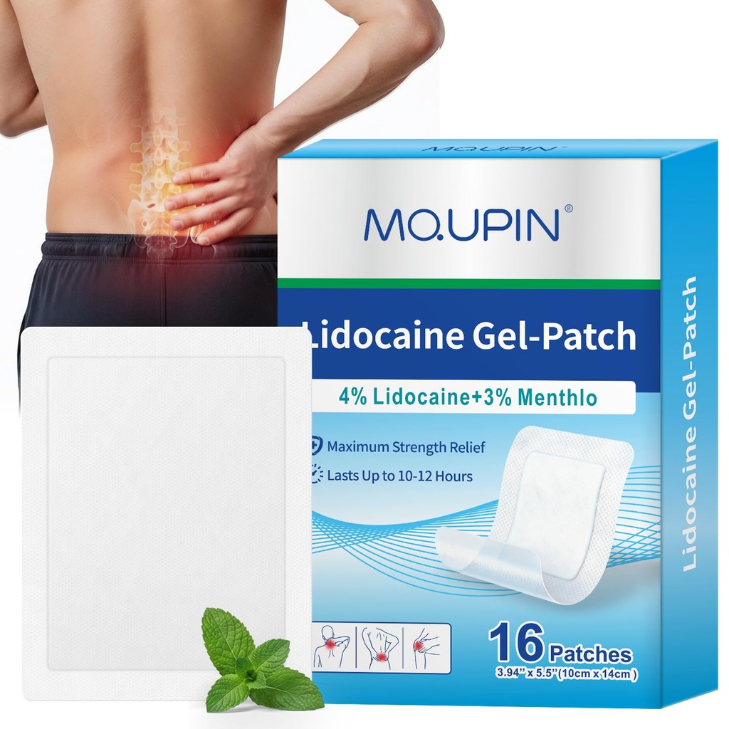 16Pcs Lidocaine Patches, 4% Lidocaine & 3% Menthol - Maximum Strength, Waterproof Patch with Auxiliary Adhesive Layer (12 Non-Woven + 4 PU Film) for Back, Neck, Shoulder, Joint & Muscle Discomfort