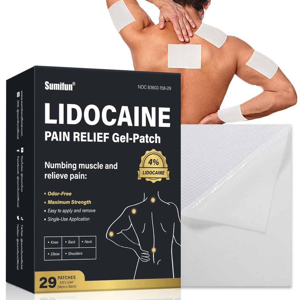 Sumifun 4% Lidocaine Patches, Long Lasting Plaster Patch for Knee, Shoulder, Muscle, Joints with Natural Ingredients, Extended Patch with Lidocaine (Large, Count, 29)