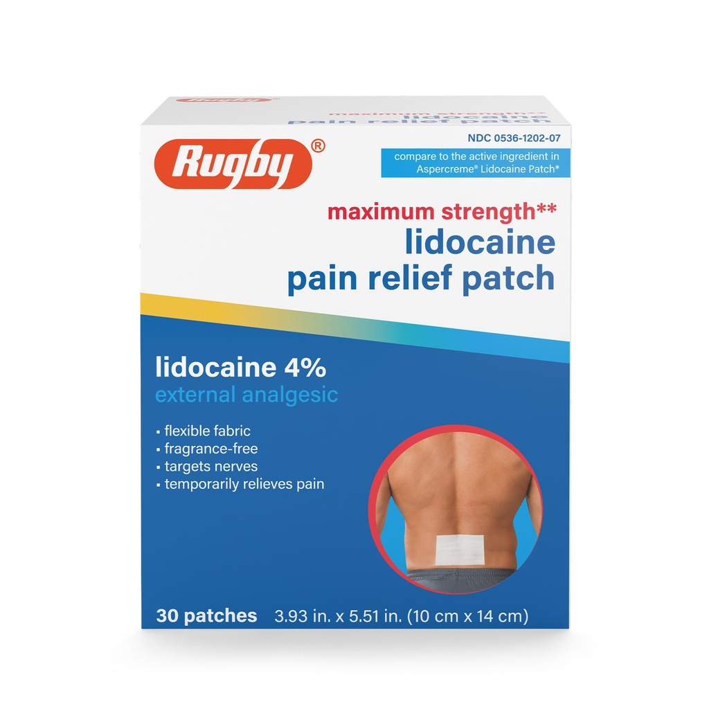 Rugby Maximum Strength Lidocaine Pain Relief Patch - 4% Lidocaine - Topical Anesthetic - Unscented - 30 Patches (1 Pack)