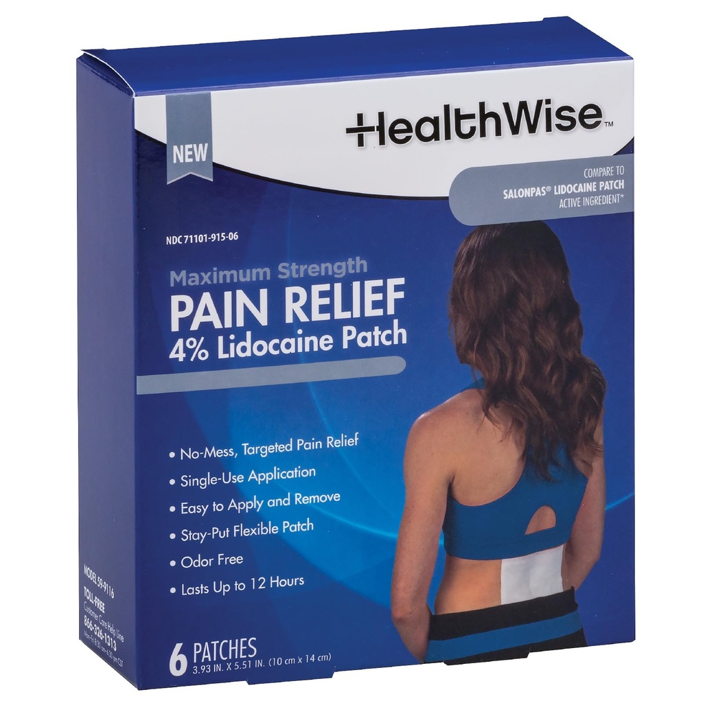 HealthWise Maximum Strength Pain Relief 4% Lidocaine Pain Relief Patch, Blue, (59-9116)