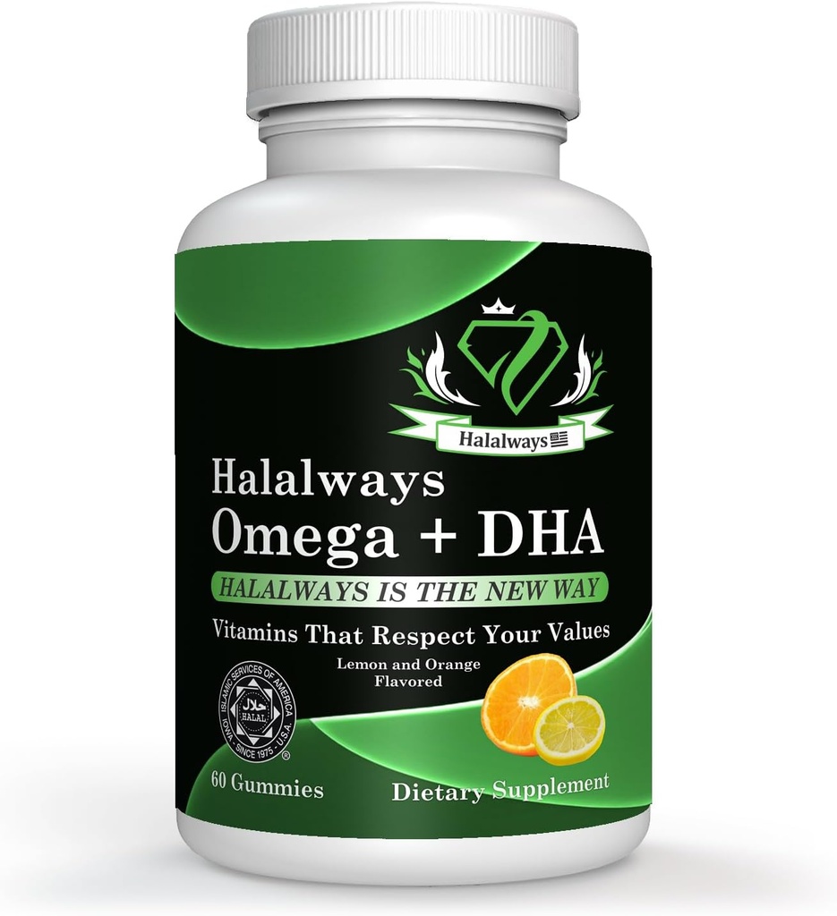 Halalways Omega + DHA Gummies - Triple Strength Omega 3 Kalaöljy Gummy vitamiinit DHA rasvahapot, luonnon sydän terveys, oranssi & sitruuna Flavor Certified Halal täydentää
