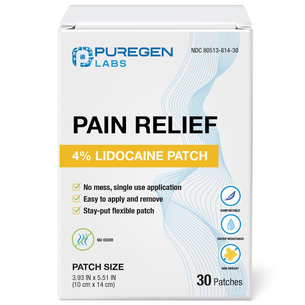 Puregen Labs Lidocaine 4% Numbing Patch Maximum Strength | Fast Acting Temporary Relief of Aches | Back, Neck, Shoulders, Elbows, Knees - Unscented | 30 Patches