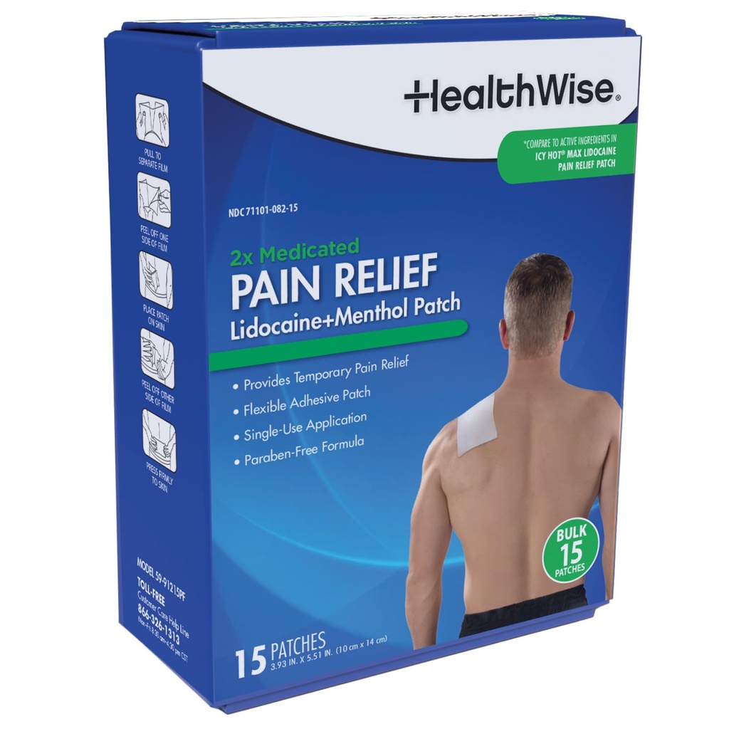 HealthWise 4% Lidocaine + 1% Menthol Pain Relief Patch | Maximum OTC Strength Lidocaine | 15-Count | 3.93” x 5.51” | Topical Anesthetic + Analgesic | Easy to Apply Flexible Adhesive