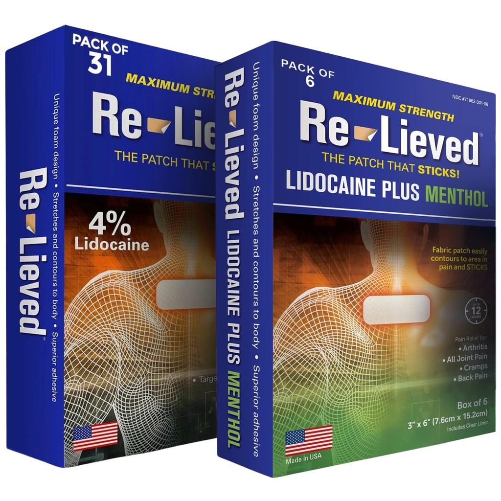 4% Lidocaine & 1% Menthol Pain Relief Patches Bundle - Maximum Strength Medicated Patches for Back, Joint & Muscle Ache - Stick-on Fast-Acting Pain Relief - Aluminum-Free, Water Resistant & USA Made