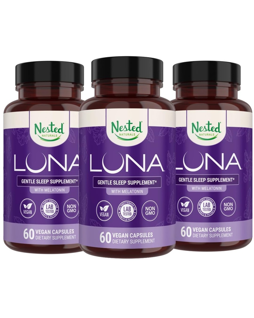 Nested Naturals Luna Herbal Sleep Supplement with Melatonin, Valerian Root, Chamomile | 180 Vegan Capsules (3-Pack) - 60 Capsules Per Bottle