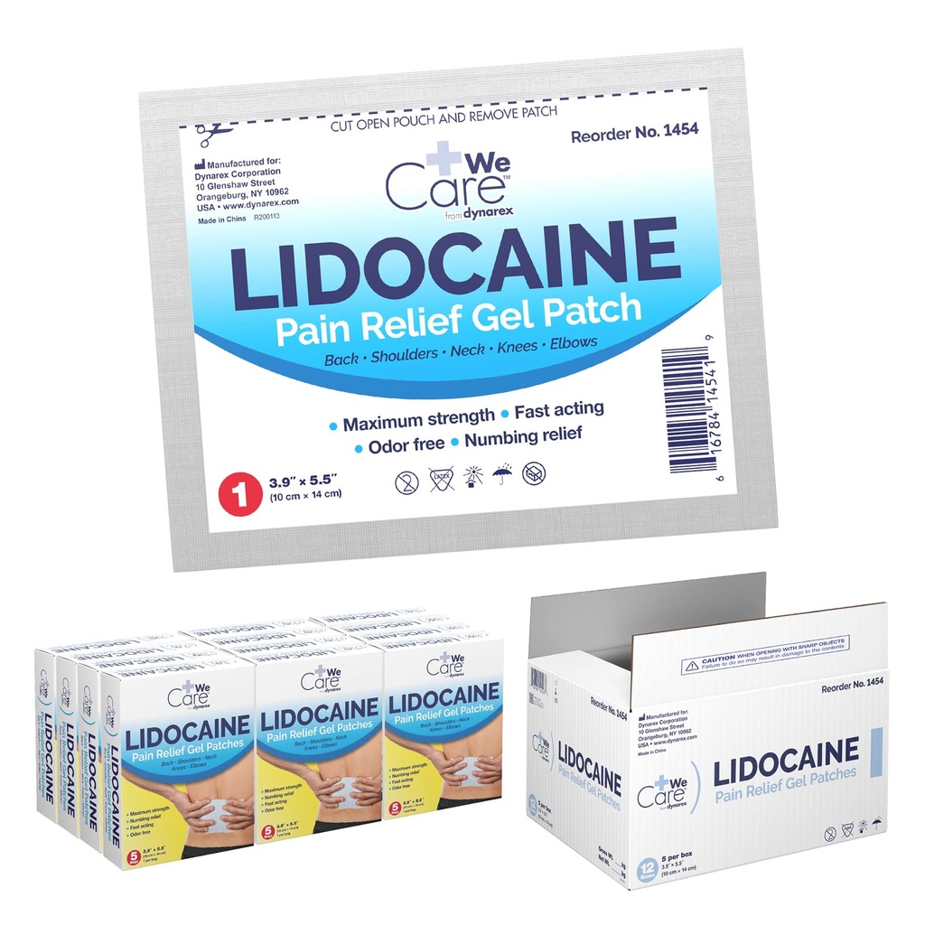 Dynarex Lidocaine Gel Patches, 4% Lidocaine, Odor Free, Fast-Acting, Long-Lasting Nerve Relief, White, 1 Box of Lidocaine Gel Patches - 12 Boxes/5 Patches in a Pack