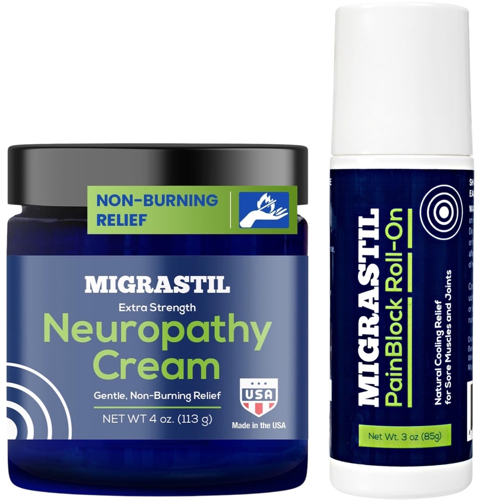 Basic Vigor Migrastil Extra Strength Neuropathy Cream (4 oz) and PainBlock Roll-On (3 oz) Bundle