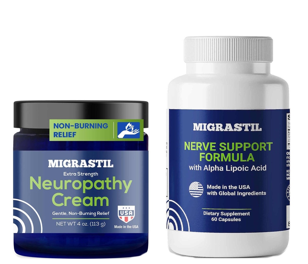 Basic Vigor Migrastil Extra Strength Neuropathy Cream & Nerve Support Capsules Bundle. Made in the USA.