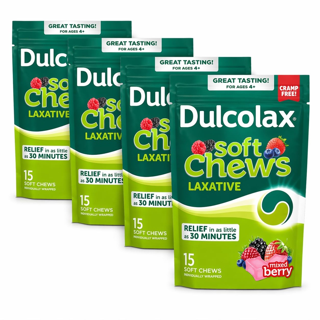 Dulcolax Soft Chews Saline Laxative Mixed Berry (15ct) Gentle Constipation Relief, Magnesium Hydroxide 1200mg 4 Pac